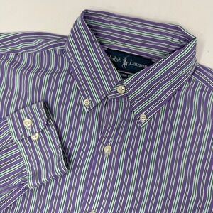 Ralph Lauren‎ Button Down Shirt Mens 15.5 32/33 Purple Green Striped Classic Fit